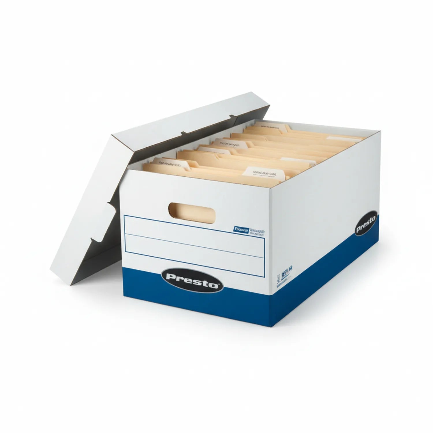 Presto File Box 703 Voucher white cardboard storage box with blue stripe, open lid showing natural kraft hanging file folders inside