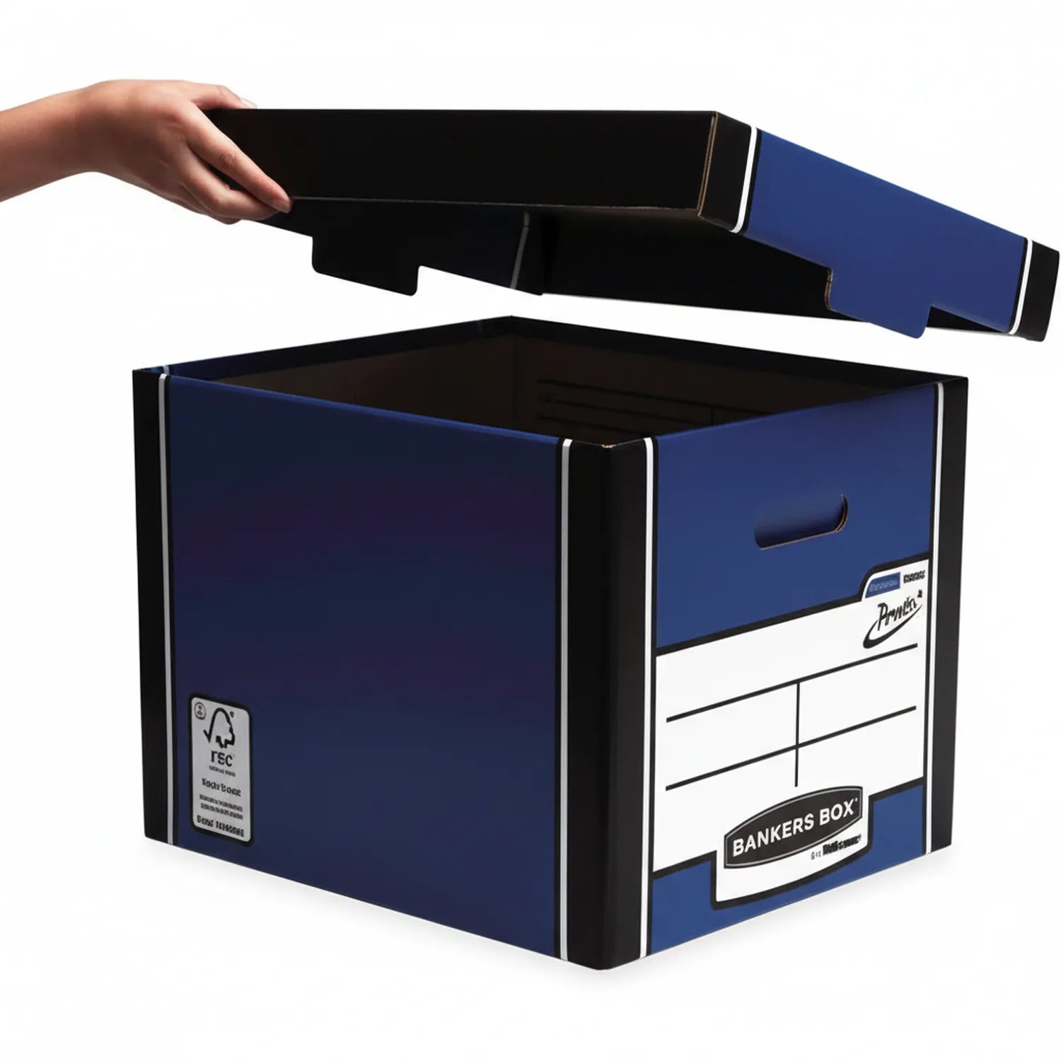 Bankers Box File Box 710 in navy blue and black with removable lid, shown open with hand removing the top lid, featuring label panel and carry handles