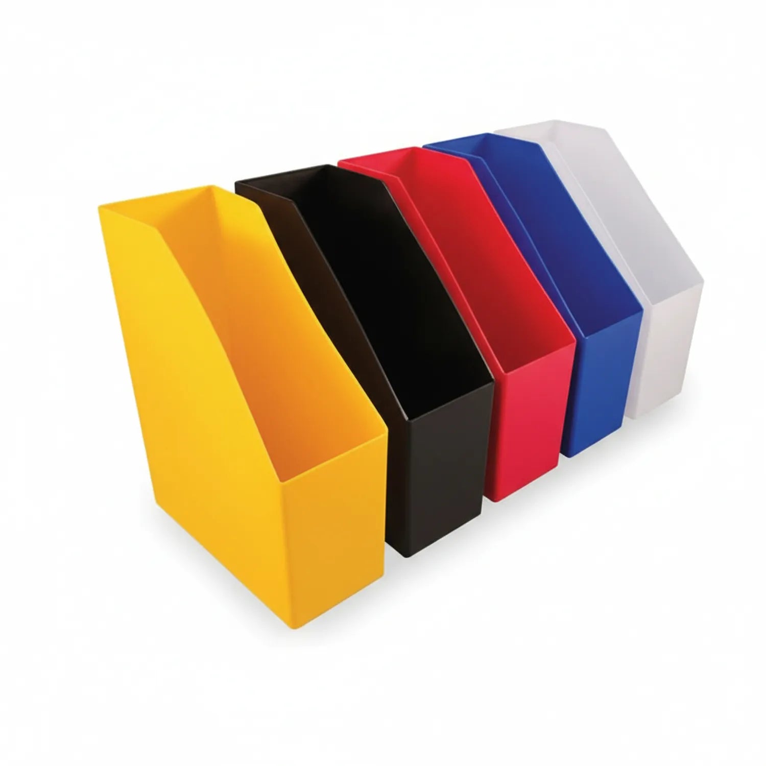 Six colorful file box organizers in yellow, orange, black, red, blue, and white arranged in a row with open tops visible