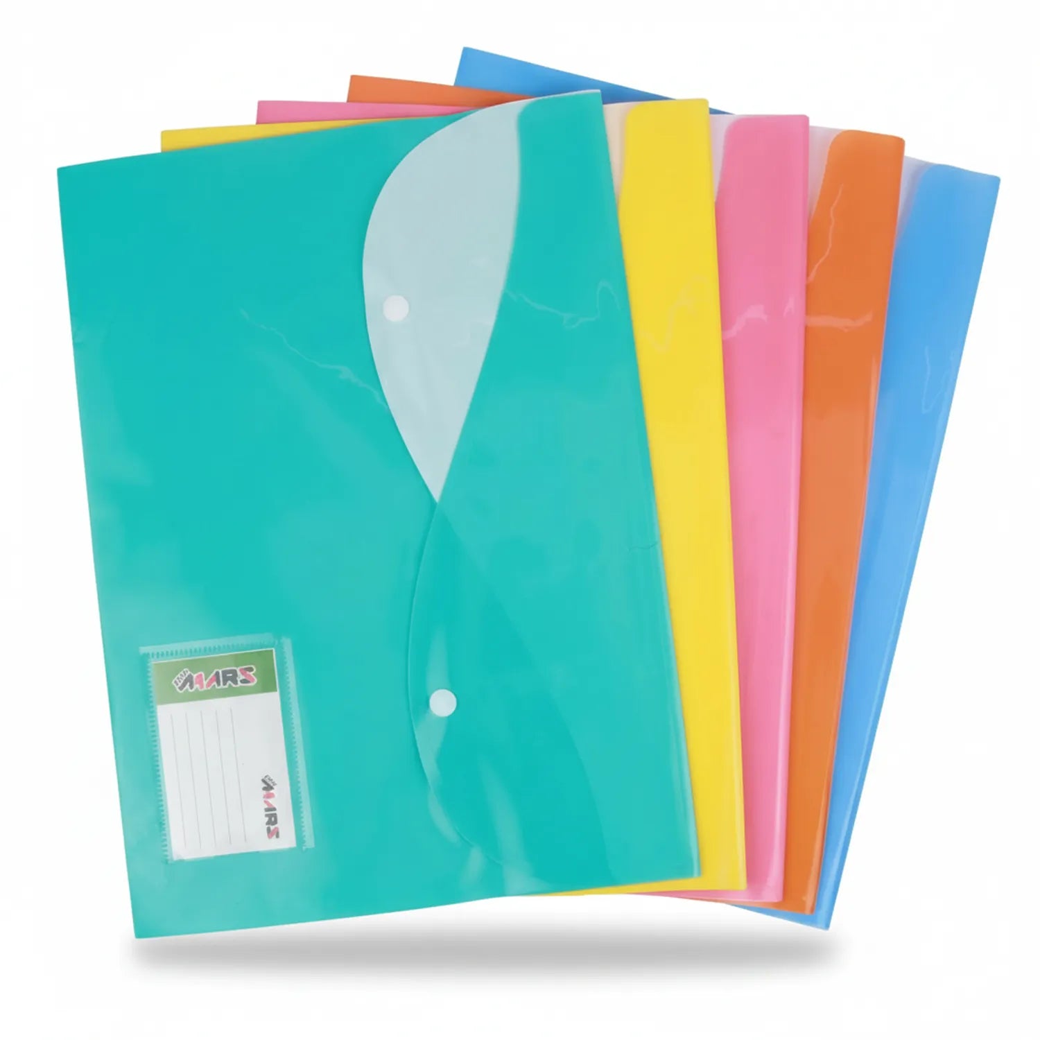 Six colorful plastic file folders with snap button closures in turquoise, yellow, pink, orange, and blue arranged in a fan display.
