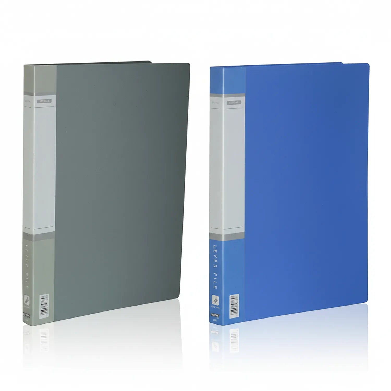 Two File Clip Lever organizers displayed - grey and blue A4 document folders with white spine labels and metal lever clip mechanisms