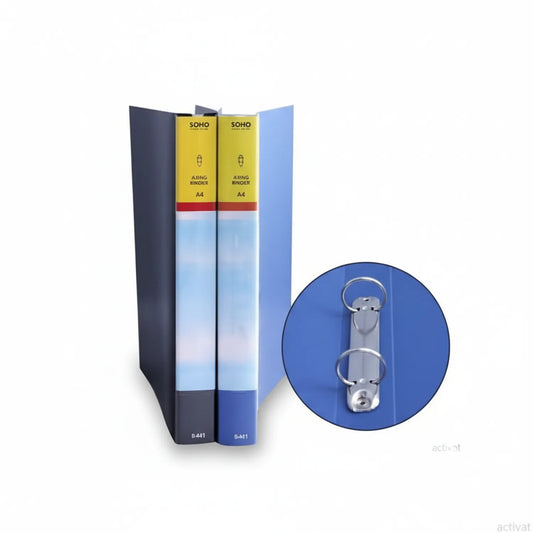 SOHO File D Ring Binder A4 2-pack blue and yellow - includes 2 binders with D-ring mechanisms and close-up detail of metal rings