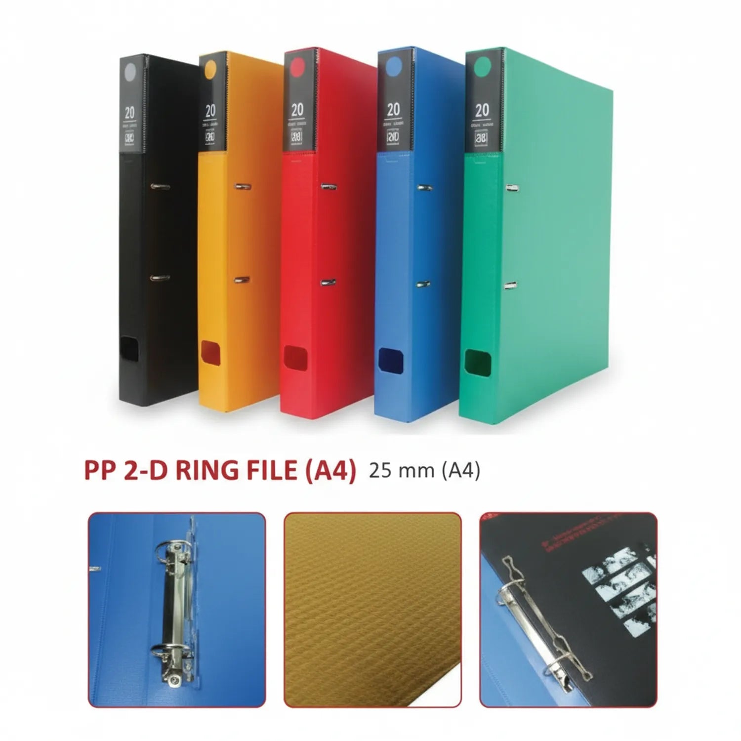 File D Ring P362 - 5 colorful A4 2-D ring files (black, orange, red, blue, green) with 25mm capacity, showing metal D-rings and label spines
