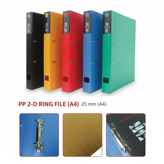 File D Ring P362 - 5 colorful A4 2-D ring files (black, orange, red, blue, green) with 25mm capacity, showing metal D-rings and label spines