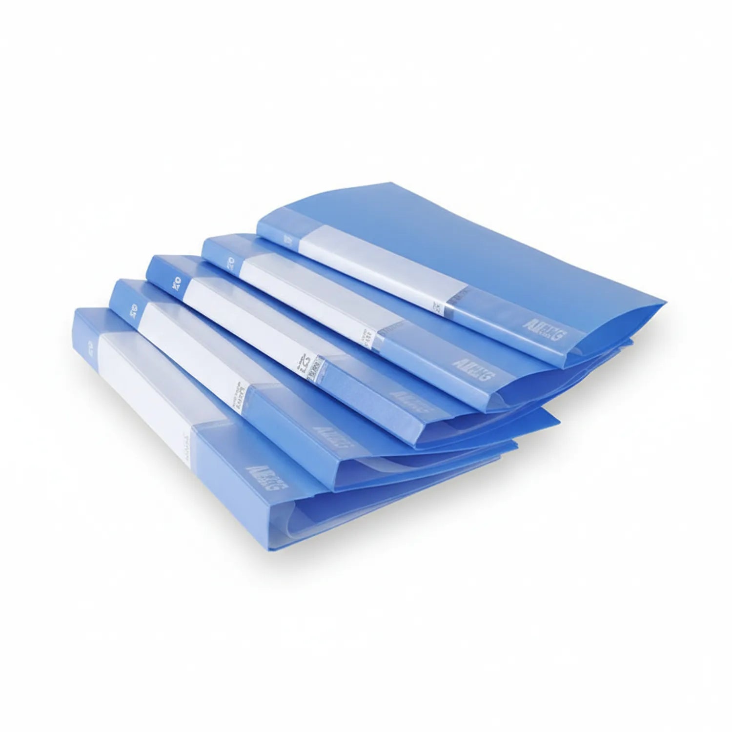 File Pocket A4 10 Piece Set showing blue expanding file pockets with white labels stacked in graduated arrangement against white background