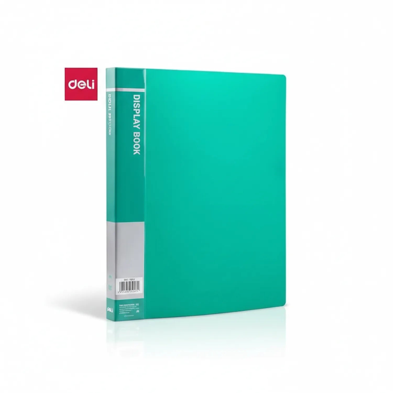 Deli turquoise A4 20P display book file pocket with spine label and barcode on lower portion of package.