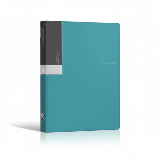 Turquoise A4 file pocket organizer with charcoal spine and elastic closure, featuring glossy finish and metal reinforcement hardware