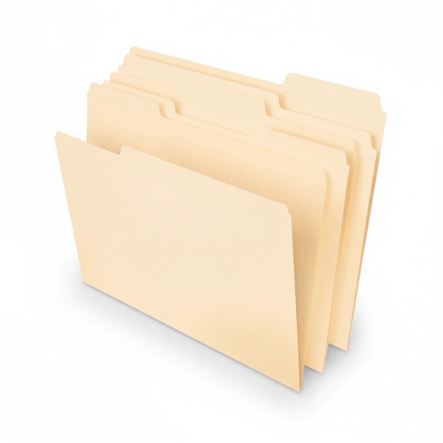 Stack of 100 manila file pocket folders in legal size with reinforced tabs, displayed in 3D perspective view against white background.