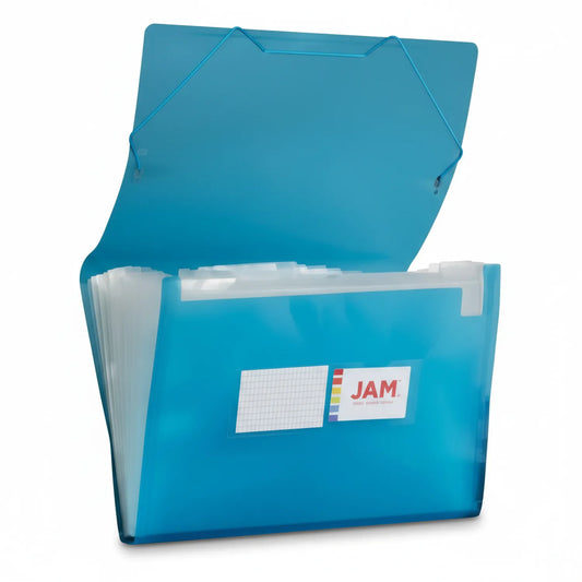 JAM File Pocket Legal 10-Pack turquoise blue plastic expanding folders with tab closures, white dividers, and label window shown open.