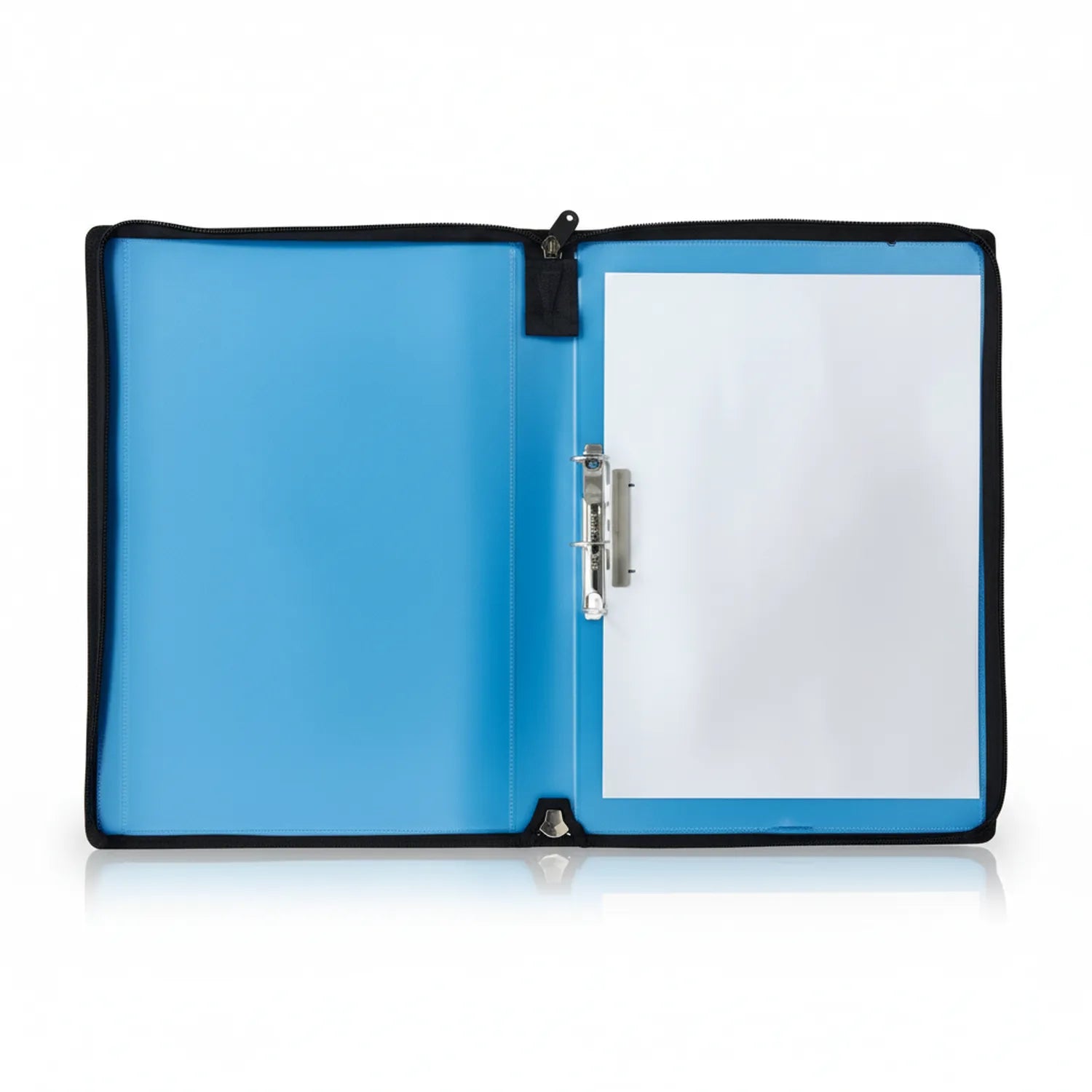 File Pocket Legal 20-Pack opened showing bright blue poly construction with metal clasp and zipper closure on white background.