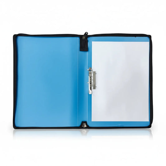File Pocket Legal 20-Pack opened showing bright blue poly construction with metal clasp and zipper closure on white background.