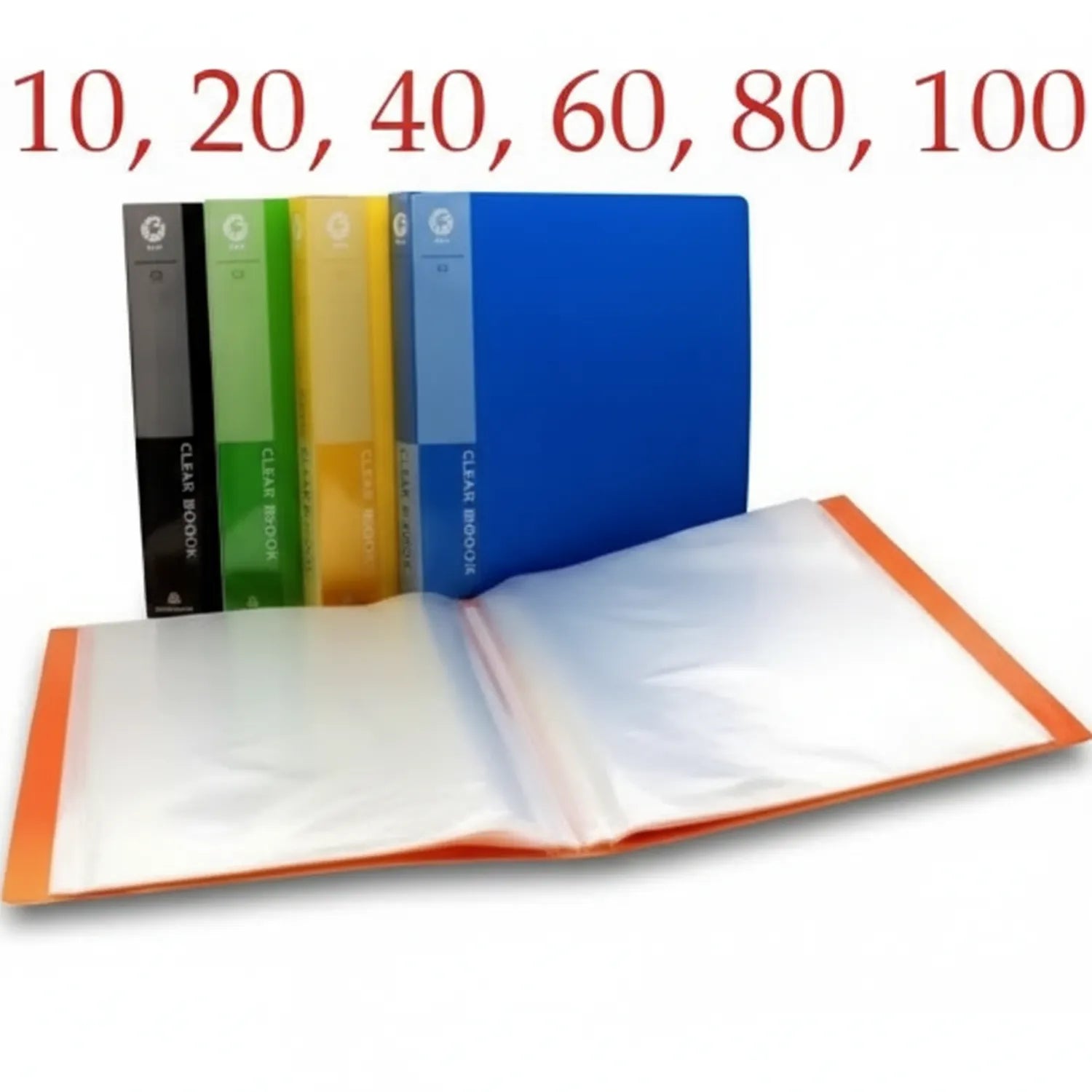File Pocket Legal 30P colorful document organizer showing open orange-accented file with 30 clear pockets and color-coded file covers in black, green, yellow, and blue
