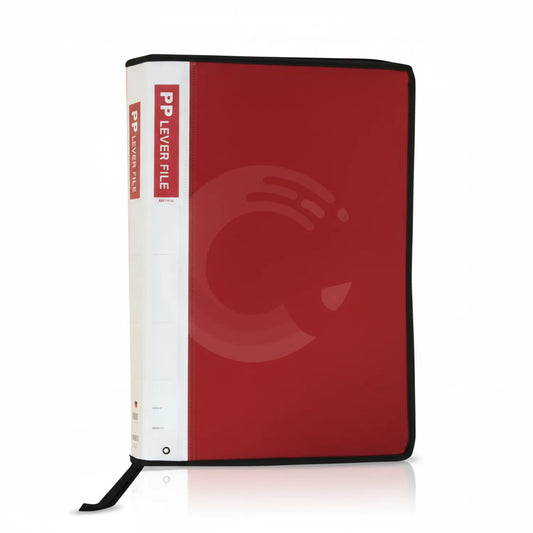PP Lever File Pocket Legal 60P in red with white label band, black trim, lever mechanism, and bookmark ribbon shown from front angle