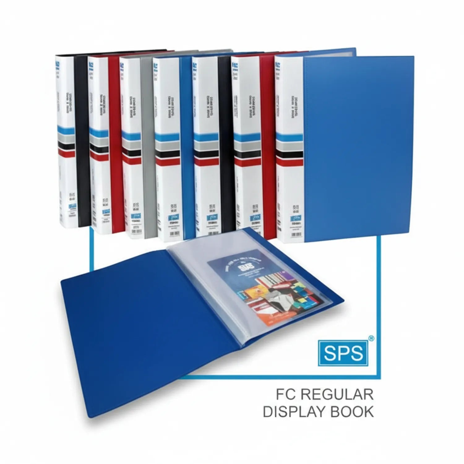 SPS FC Regular Display Book in legal size with 80 pockets, shown in blue, black, red, and gray color variants arranged in a display stand.
