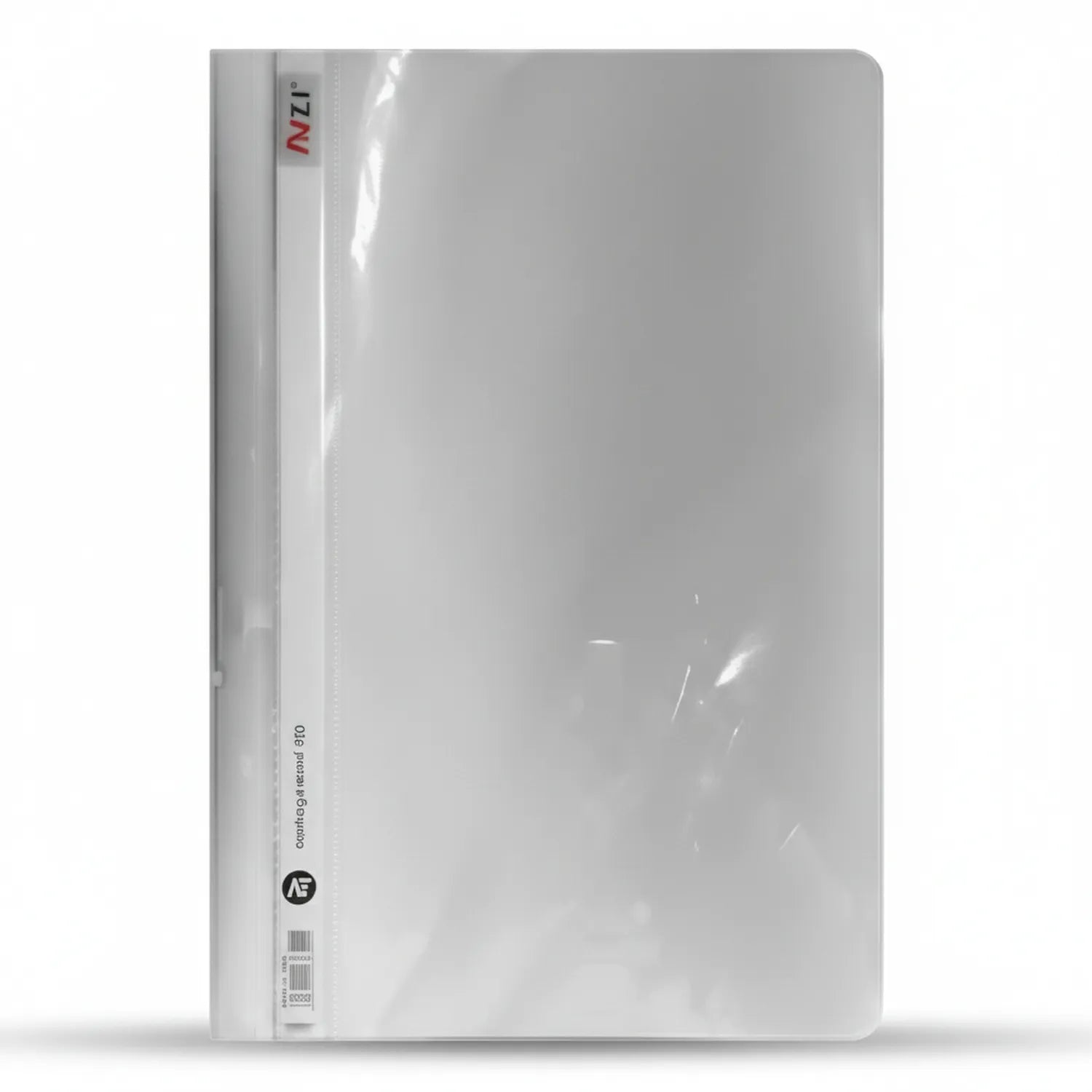NTT File Tt Legal size clear plastic document folder with white spine and secure fastening mechanism, shown front view
