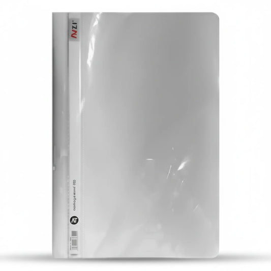 NTT File Tt Legal size clear plastic document folder with white spine and secure fastening mechanism, shown front view