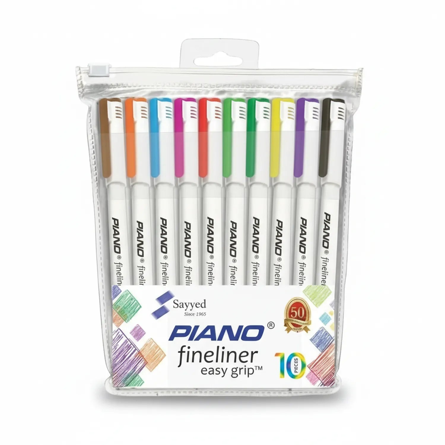 Piano Fineliner Easy Grip 10-piece set showing 10 colored markers arranged in clear packaging with brown, orange, blue, magenta, red, green, yellow, purple and black tips.