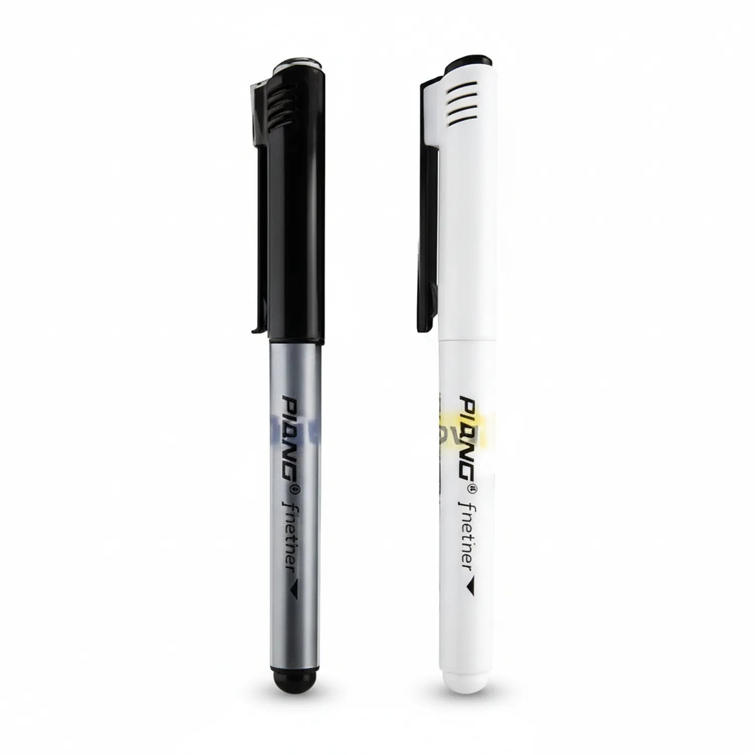Pnovae Fineliner Piano Black 2-pack set showing black pen with silver barrel and white pen with black cap on white background