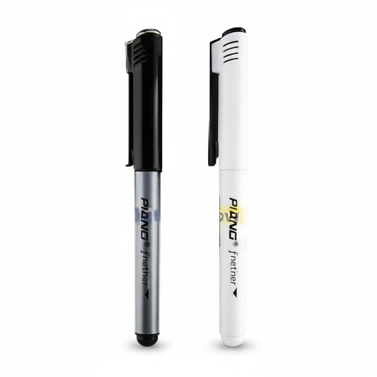 Pnovae Fineliner Piano Black 2-pack set showing black pen with silver barrel and white pen with black cap on white background