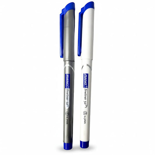 Staedtler Fineliner Piano Blue 2-piece set - gray and white barrels with blue clips and 0.3mm tips, displayed against white background