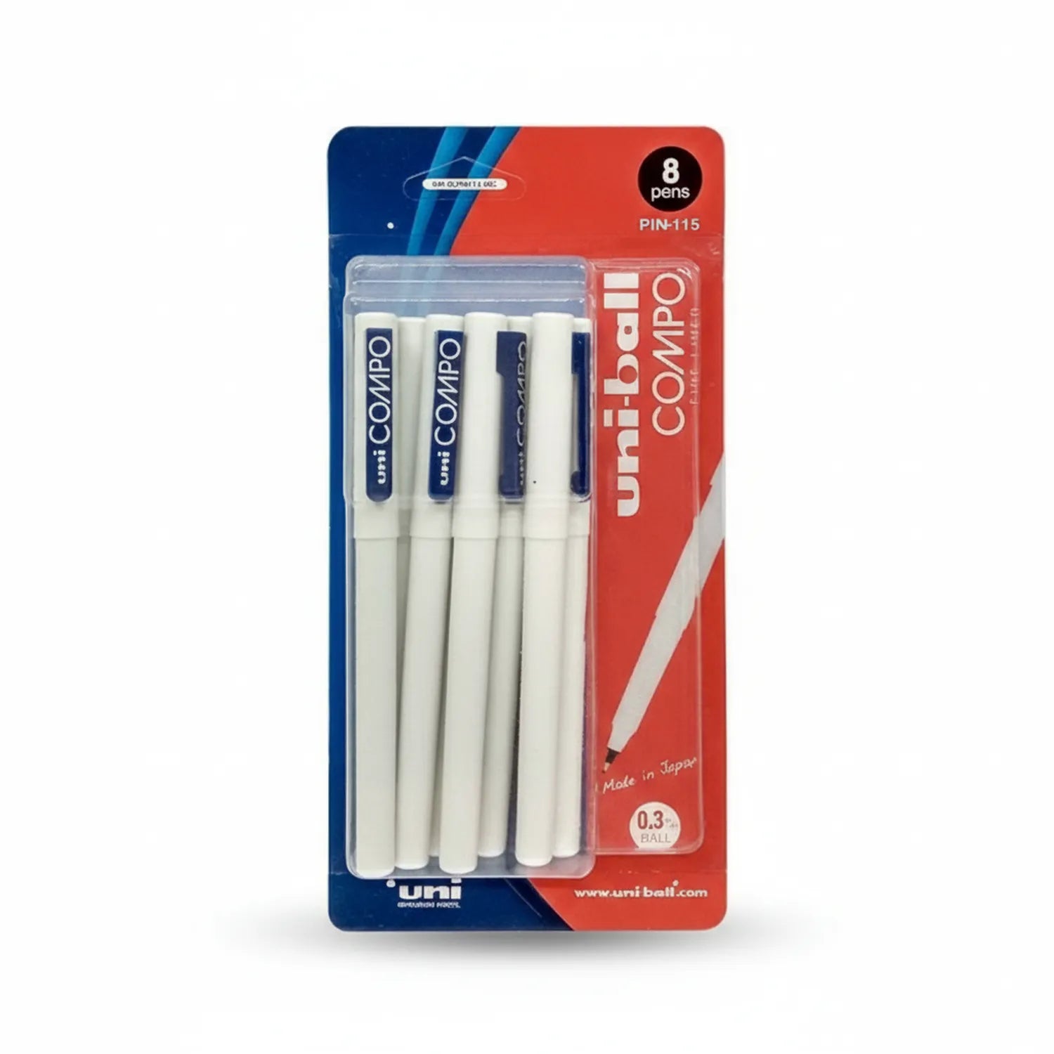 Uni-ball Compo fineliner pen set of 8 blue pens with 0.3mm ball point, displayed in clear plastic blister packaging