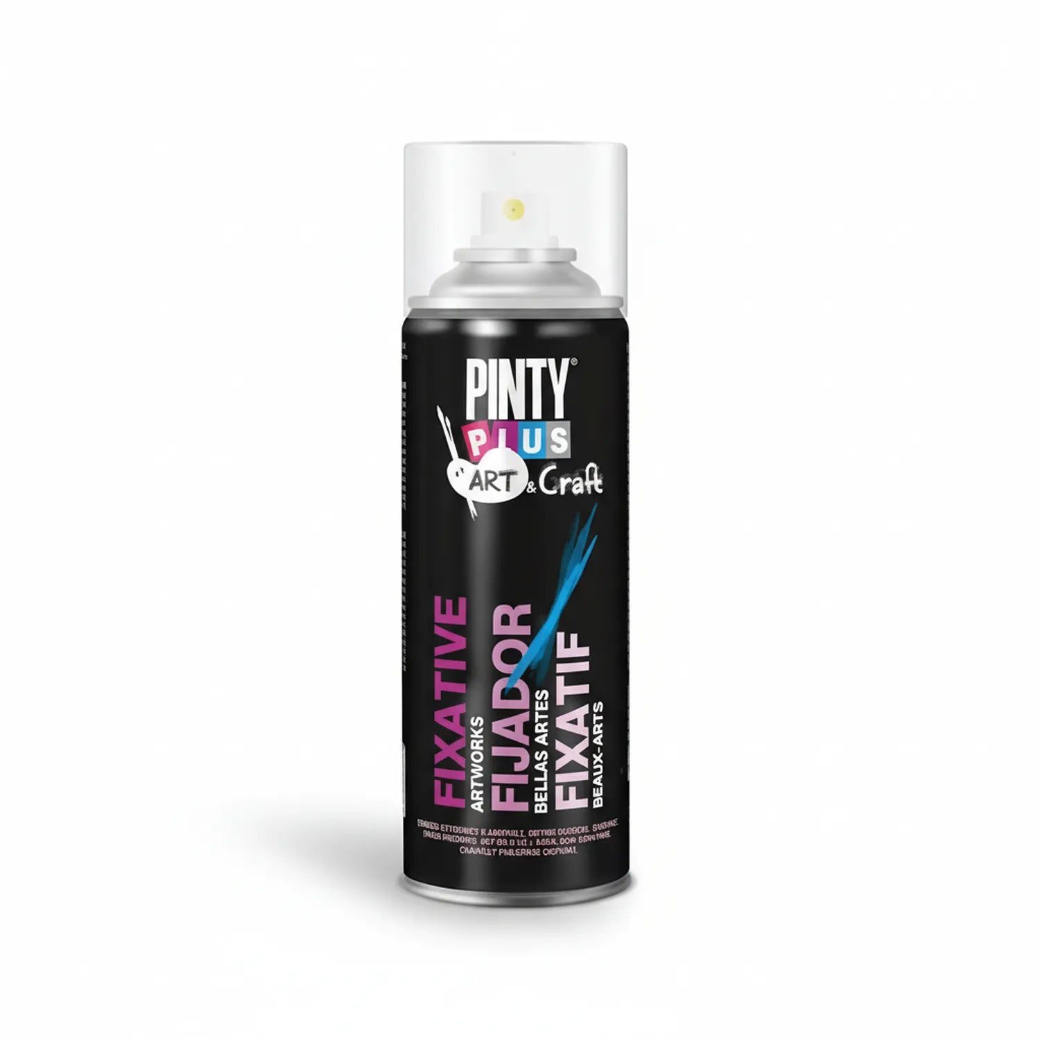 Pinty Plus Art & Craft Fixative Spray L aerosol can with white spray nozzle, black label with pink and blue text, professional artwork protection product