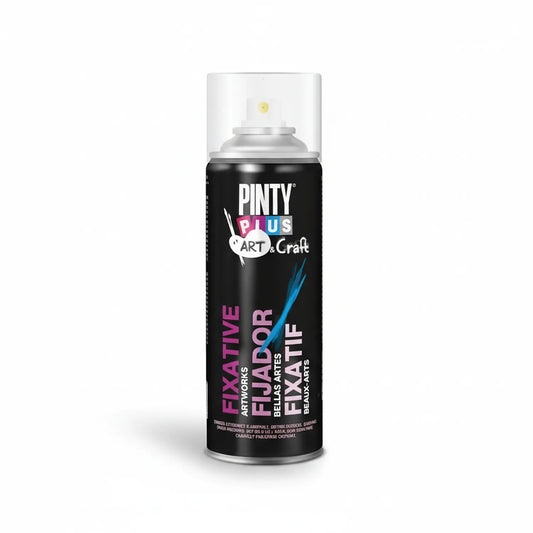 Pinty Plus Art & Craft Fixative Spray L aerosol can with white spray nozzle, black label with pink and blue text, professional artwork protection product