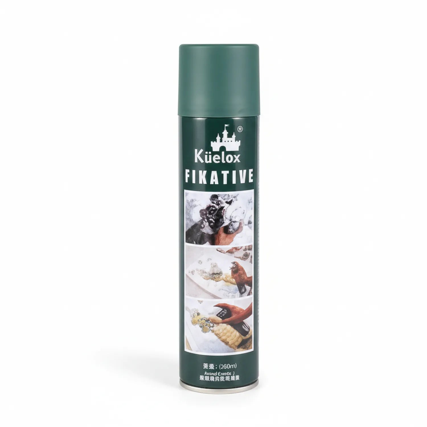 Kuelox Fixative Spray S 250ml green aerosol can with castle logo and product imagery showing application on artwork and winter scenes