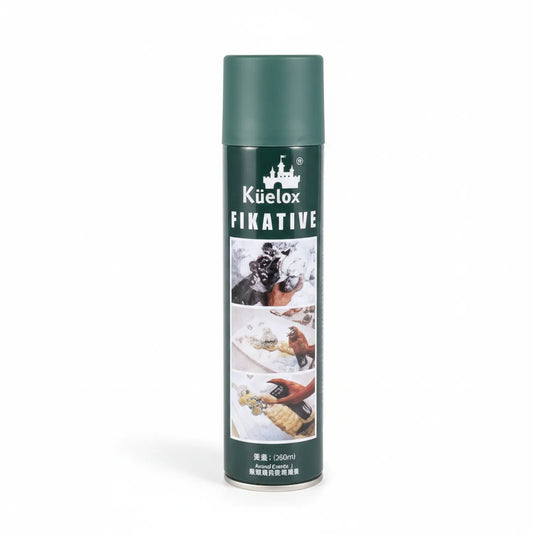 Kuelox Fixative Spray S 250ml green aerosol can with castle logo and product imagery showing application on artwork and winter scenes