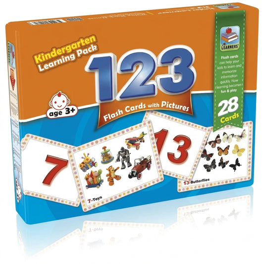 Kindergarten Learning Pack 123 Flash Cards orange packaging with 28 picture cards showing numbers 1, 2, 3 with toys and butterflies illustrations.