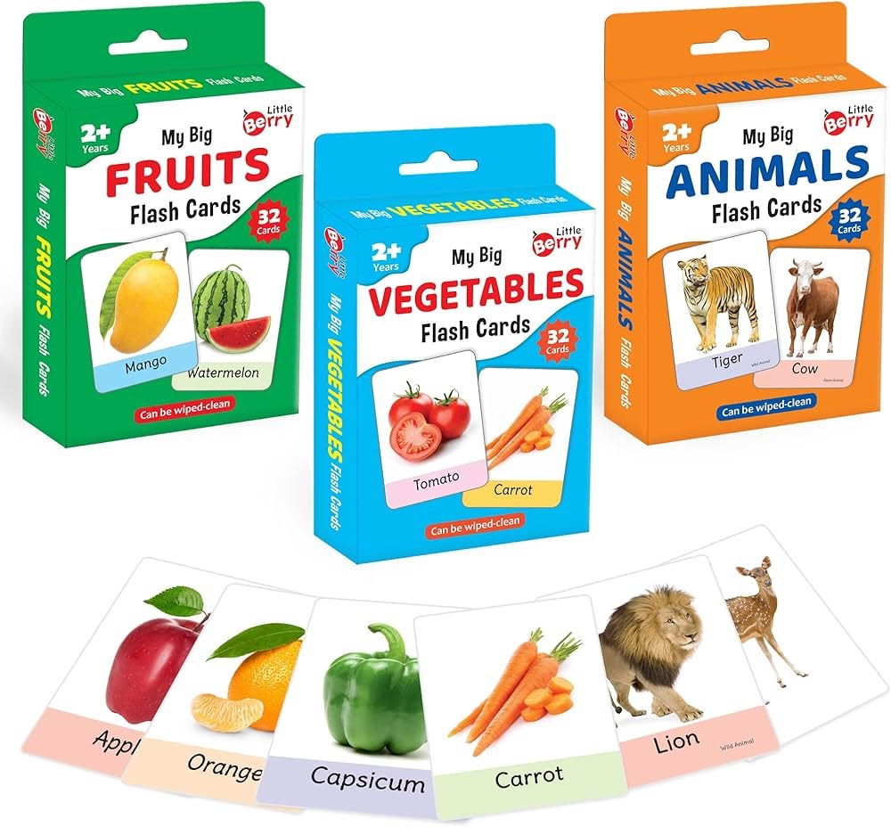 Little Berry My Big Fruits & Vegetables Flash Cards 32-card set with wipe-clean green, blue, and orange packaging boxes showing sample cards of mango, watermelon, tomato, carrot, lion, and deer.