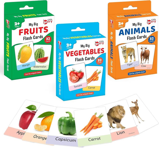 Little Berry My Big Fruits & Vegetables Flash Cards 32-card set with wipe-clean green, blue, and orange packaging boxes showing sample cards of mango, watermelon, tomato, carrot, lion, and deer.