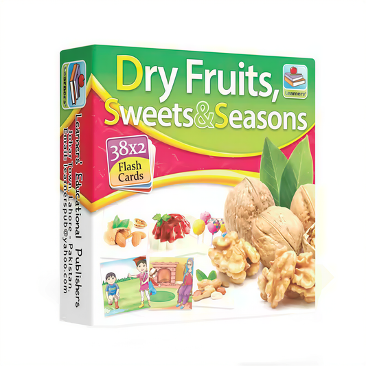 Learnery Flash Cards 38x2 Dry Fruits Sweets Seasons with colorful packaging showing almonds, walnuts, and seasonal illustrations