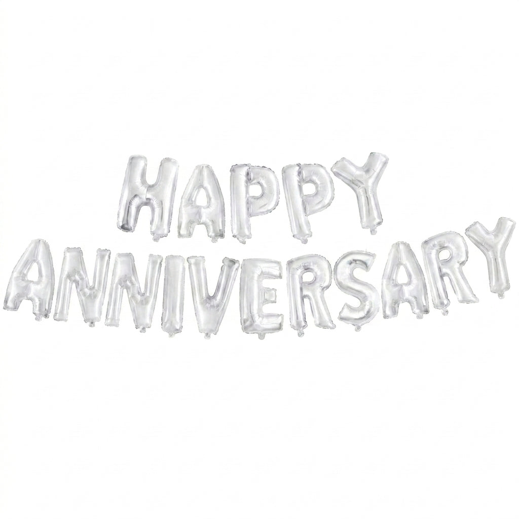 Silver foil letter balloons spelling "HAPPY ANNIVERSARY" on white background