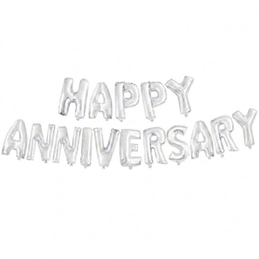 Silver foil letter balloons spelling "HAPPY ANNIVERSARY" on white background