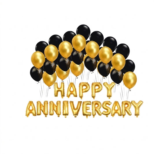 Foil Balloon Anniversary set with gold letter balloons and 30 gold and black latex balloons arranged in festive display