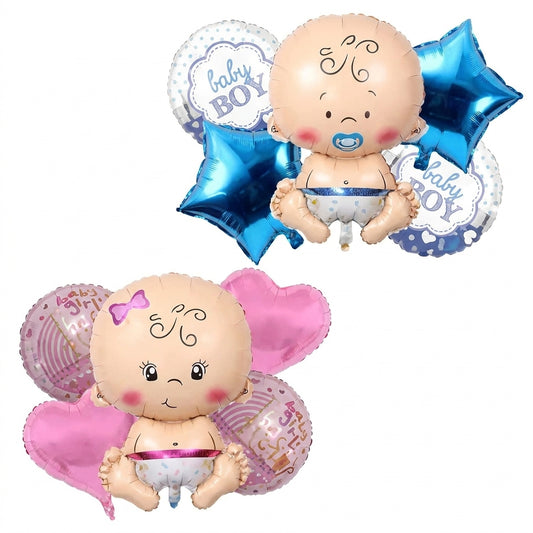 Two 5-piece foil balloon sets - blue boy balloons with cute baby face and pink girl balloons with decorative character design