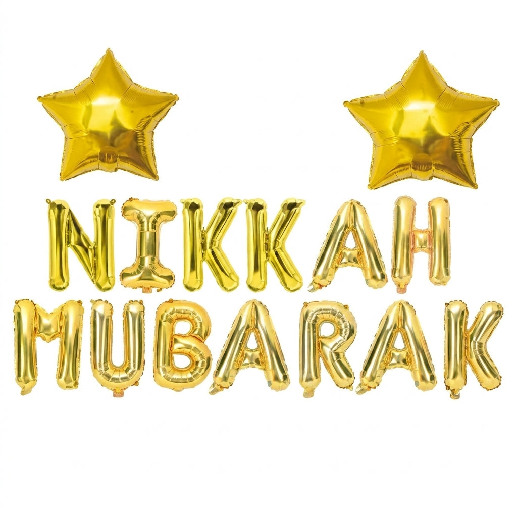 Two gold star balloons with gold letter balloons spelling Nikah Mubarak