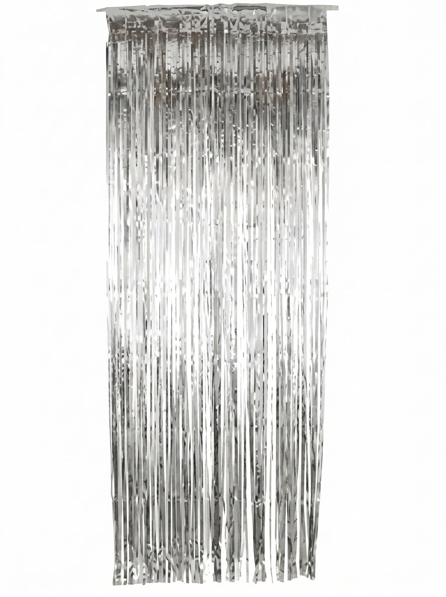 Silver metallic foil curtain with long hanging strands and attached header for easy hanging