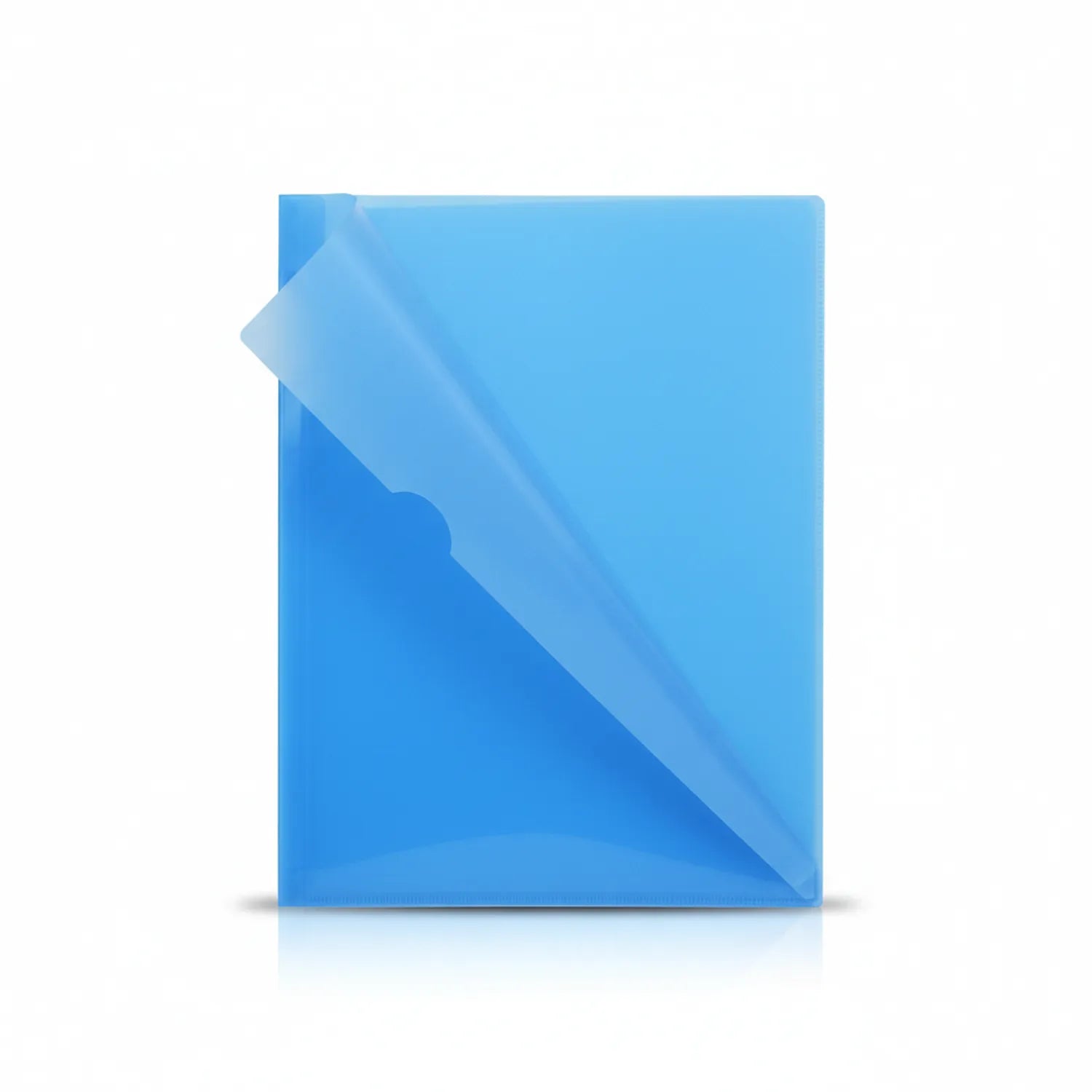 Blue transparent L-shaped folder with modern design, featuring an innovative open pocket construction for document organization and storage.