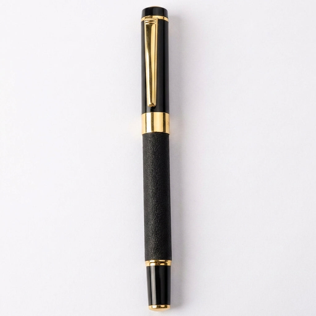 Black and gold fountain pen 6006 with textured grip and polished gold trim displayed vertically