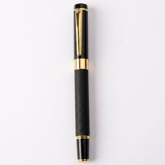 Black and gold fountain pen 6006 with textured grip and polished gold trim displayed vertically