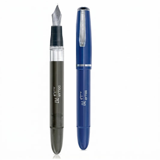 Two Dollar 717 fountain pens - one dark gray and one navy blue with chrome accents, shown with nib exposed