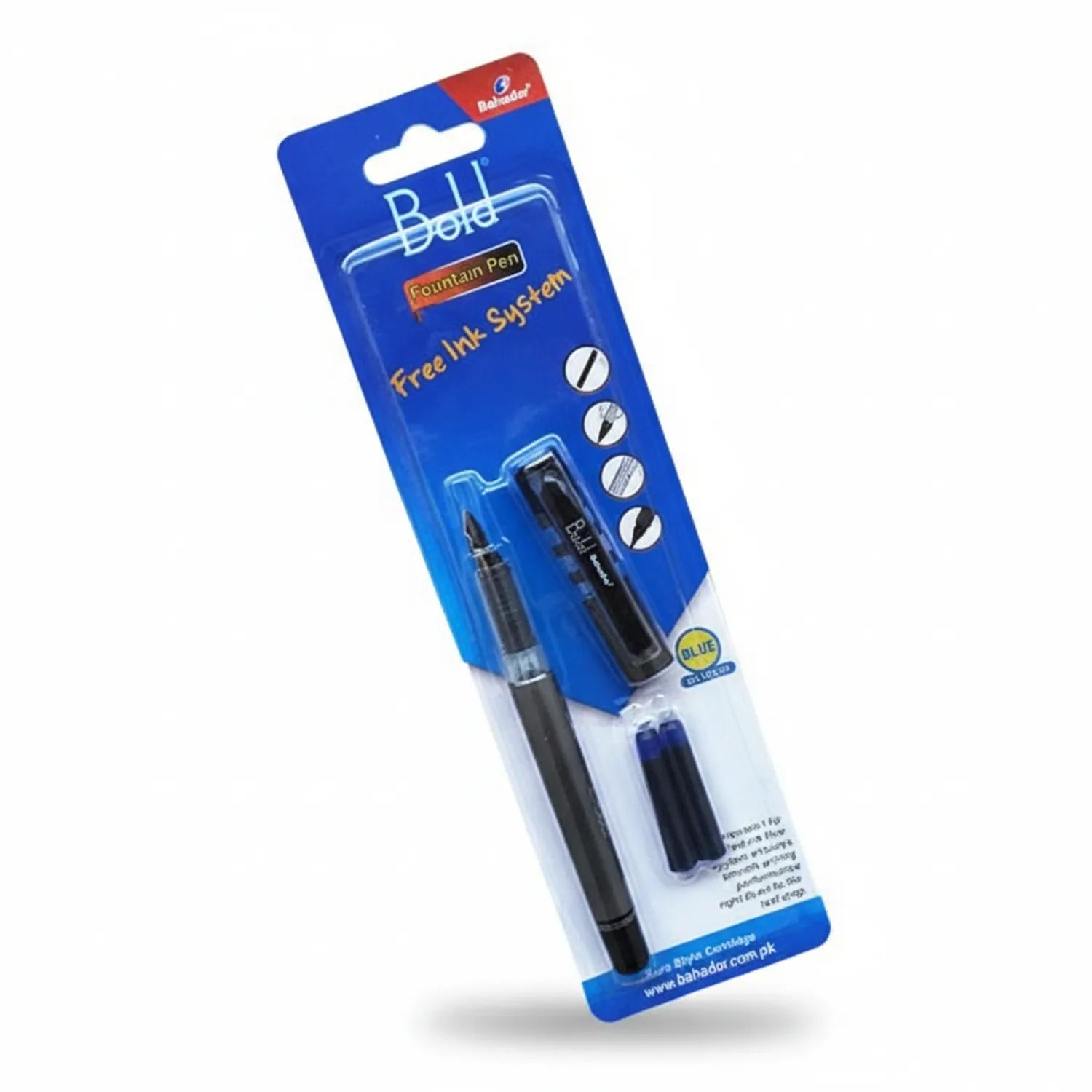 Bahadur Bold 505 Fountain Pen package with one black pen and blue ink cartridge shown in blister packaging on blue card