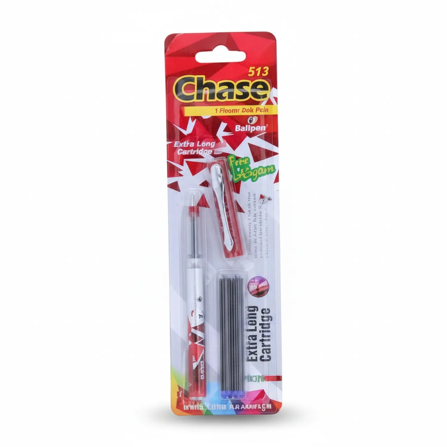 Chase 513 Fountain Pen in red packaging with 1 ballpoint pen and extra long refill cartridge included, displayed in retail blister pack