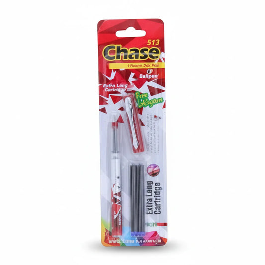 Chase 513 Fountain Pen in red packaging with 1 ballpoint pen and extra long refill cartridge included, displayed in retail blister pack