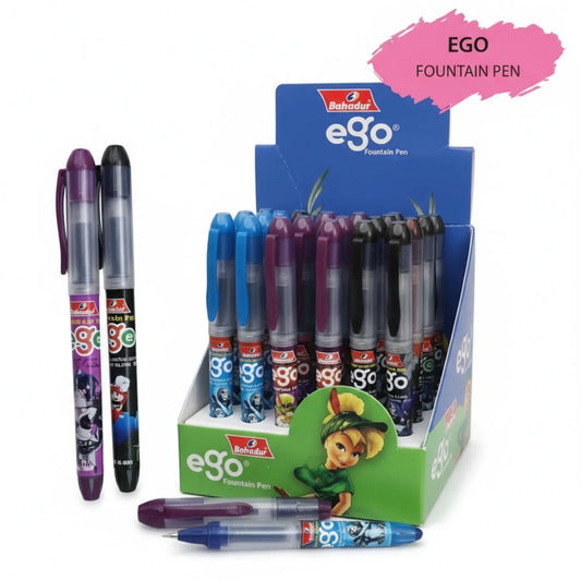 Bahadur Ego 420 fountain pen display set showing multiple colored pens including blue, purple, black, and burgundy variants with product packaging.