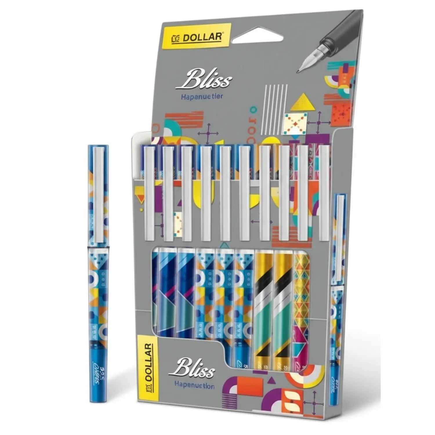 Dollar Bliss Fountain Pen Set - 12 colorful fountain pens with geometric patterns in blue, yellow, orange, and purple designs displayed with packaging