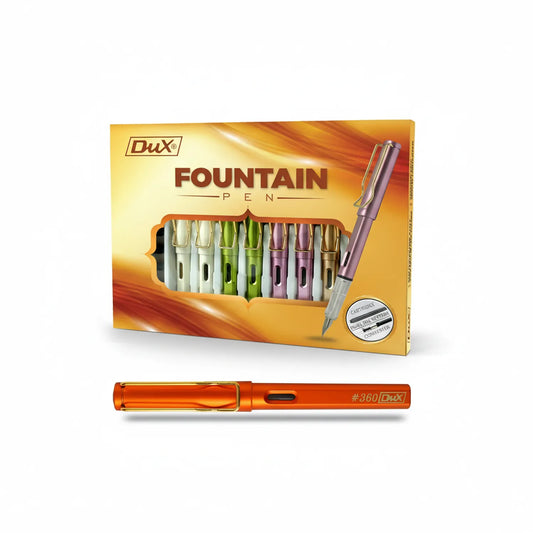Dux Fountain Pen 360 set showing 7 colorful pens in pastel shades and individual orange metallic fountain pen with ink system.
