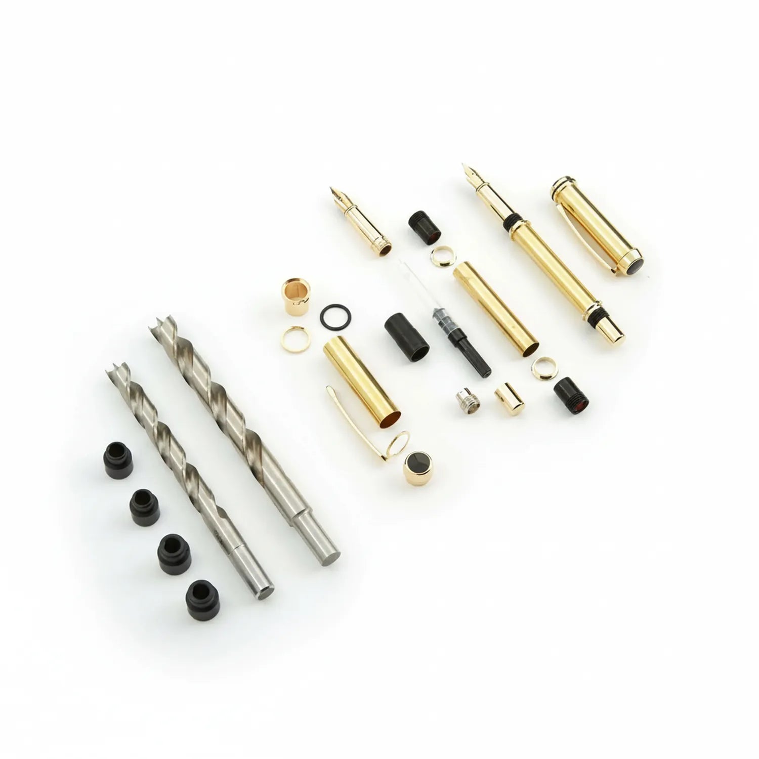 Fountain Pen Kita assembly kit showing brass barrel sections, stainless steel nibs, rubber gaskets, decorative rings, and drill bits components.